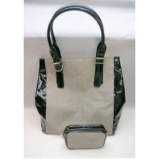 Estee Lauder Tote  Hand bag Purse &  Makeup Case Black Patent 7 Tan Striped